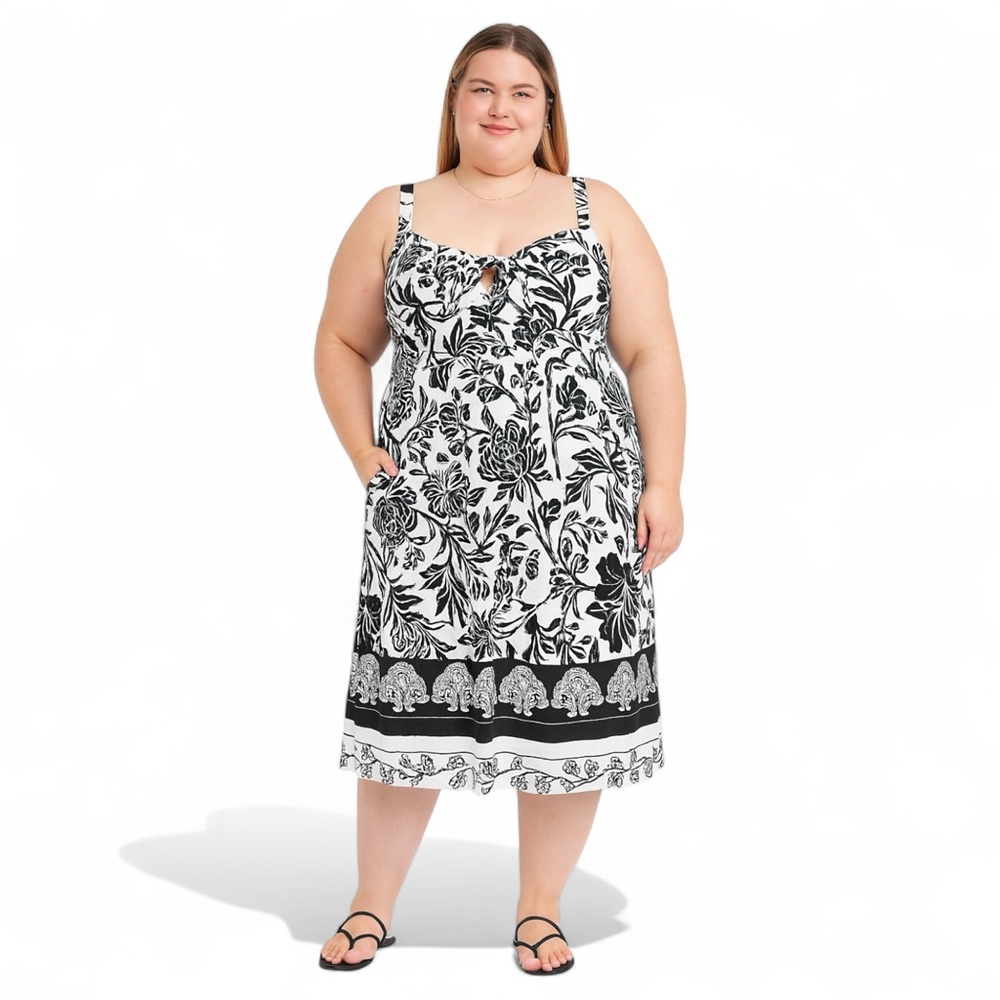 Knox Rose Front Tie White/Black Midi Dress 2X